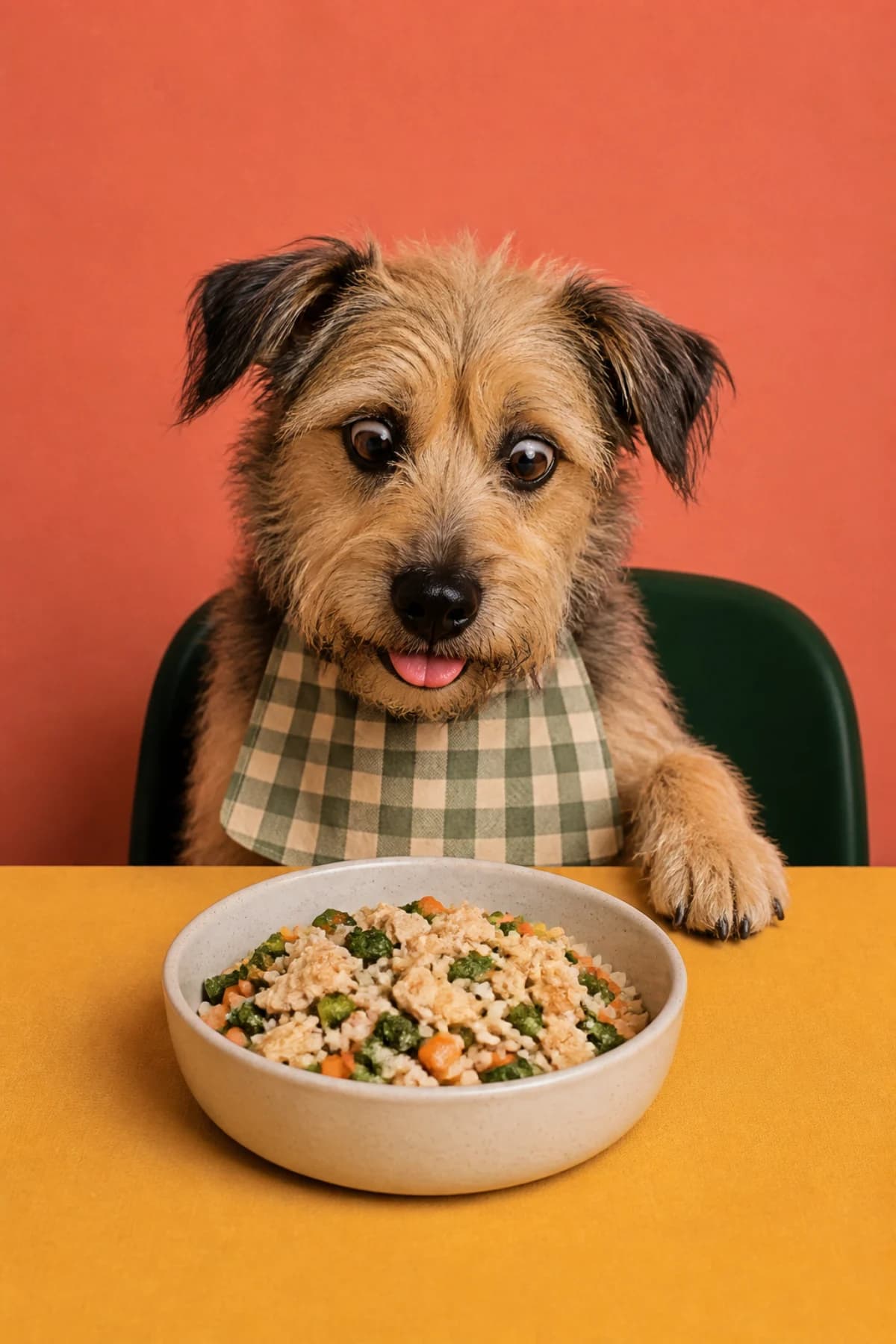 A scruffy dog in a checked dinner bib waiting eagerly behind a bowl of fresh chicken, rice, and vegetables