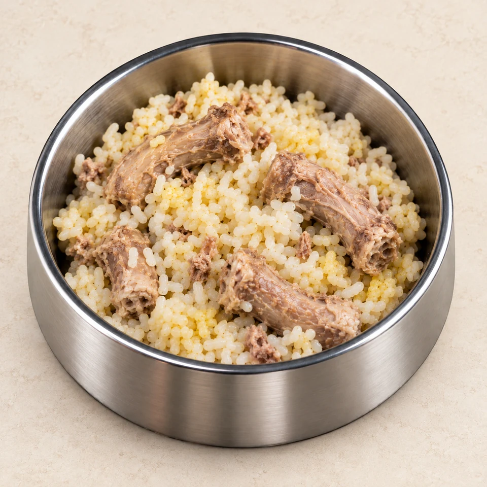 Chicken Neck Meal with chicken neck pieces and rice in a stainless steel dog bowl