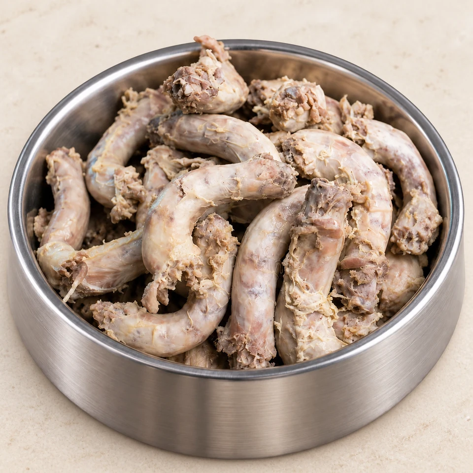 Plain chicken neck pieces in a stainless steel dog bowl