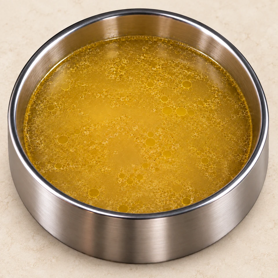 Golden chicken broth in a stainless steel dog bowl